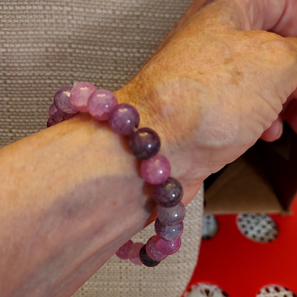 Purple and Pink Marbled Glass Bead Stretch Bracelet